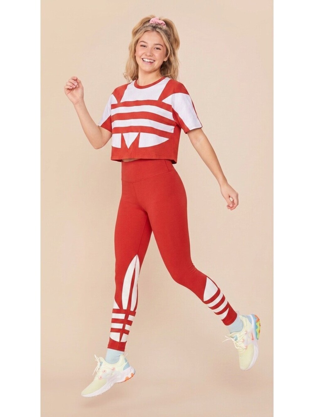 Adidas Red and White Cropped T-Shirt and Leggings Set, Size M
